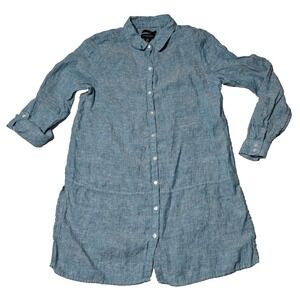 TAHARI LINEN Blue Chambray Long Roll Tab Sleeve Side Slit Tunic - Women Medium